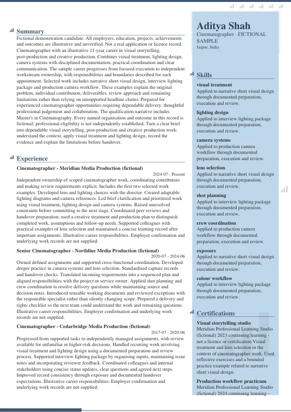 Cinematographer CV — first page