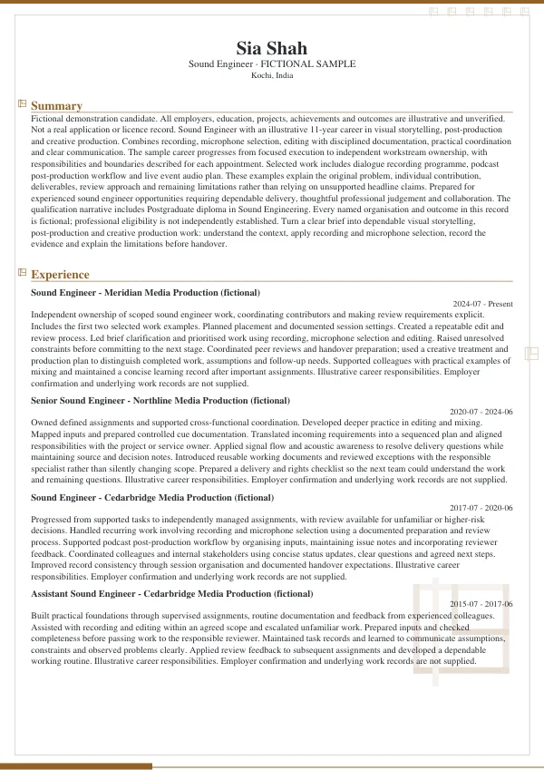 Sound Engineer CV — first page
