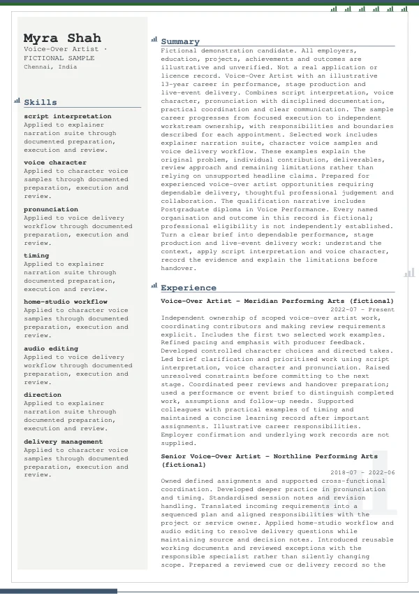 Voice-Over Artist CV — first page