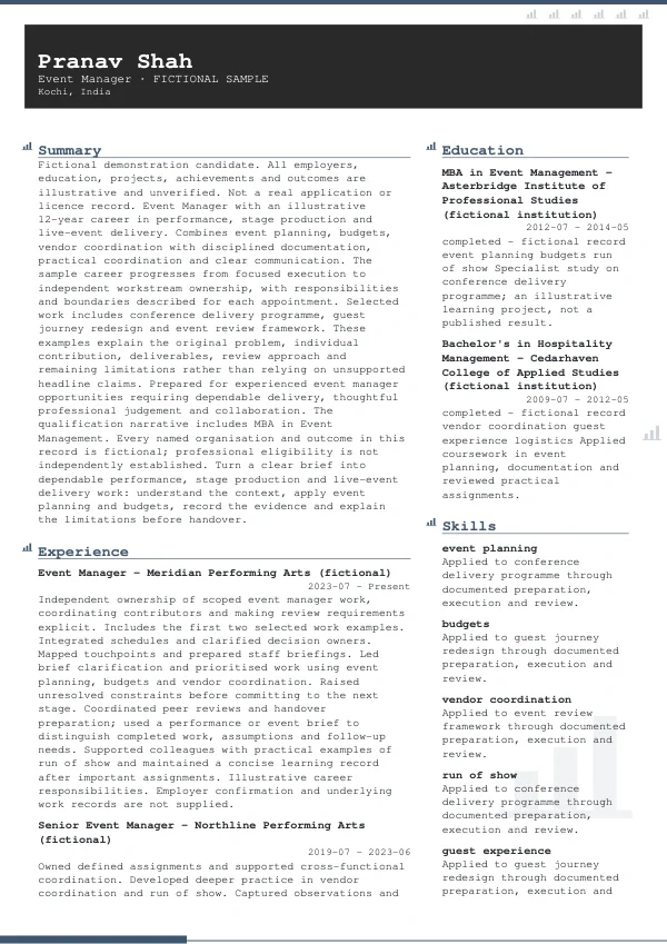 Event Manager CV — first page