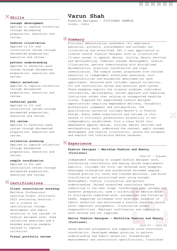 Fashion Designer CV — first page