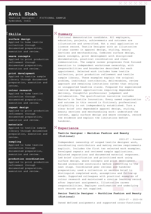 Textile Designer CV — first page