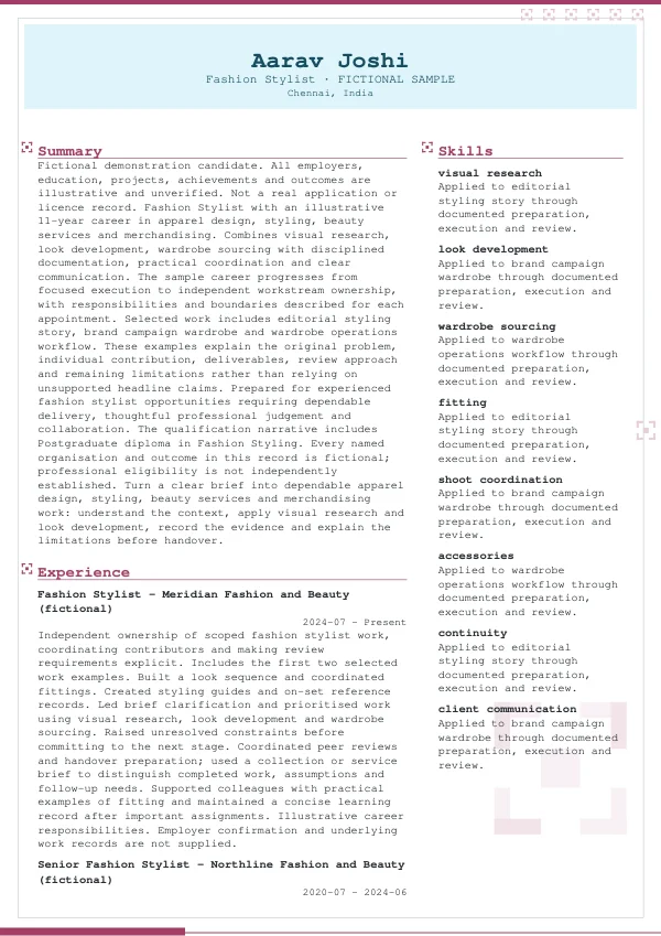 Fashion Stylist CV — first page