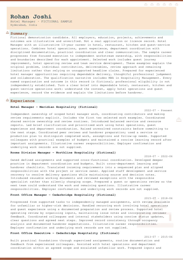 Hotel Manager CV — first page