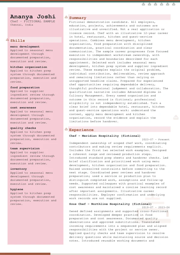 Chef CV — first page