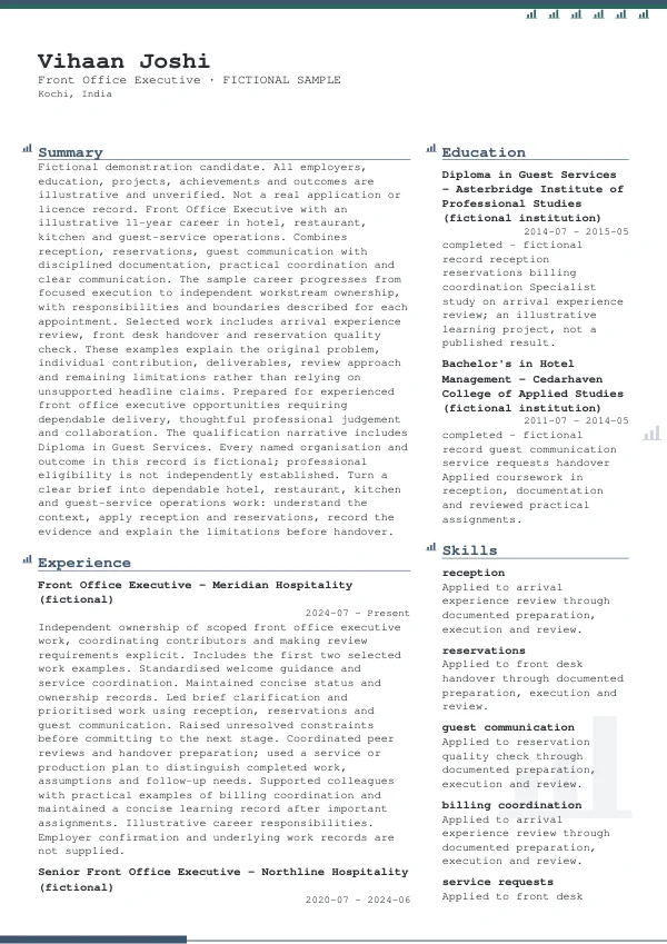Front Office Executive CV — first page