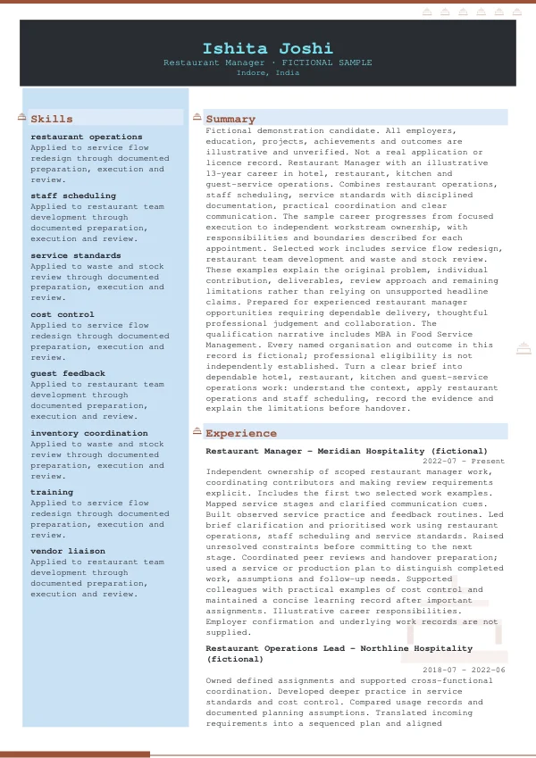 Restaurant Manager CV — first page