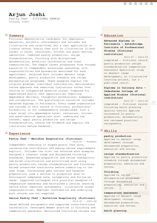 Pastry Chef CV — first page