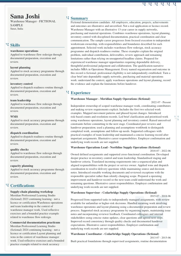 Warehouse Manager CV — first page