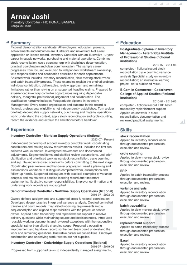 Inventory Controller CV — first page