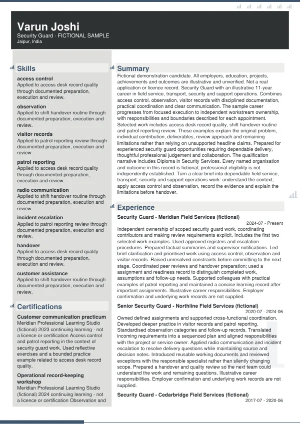 Security Guard CV — first page
